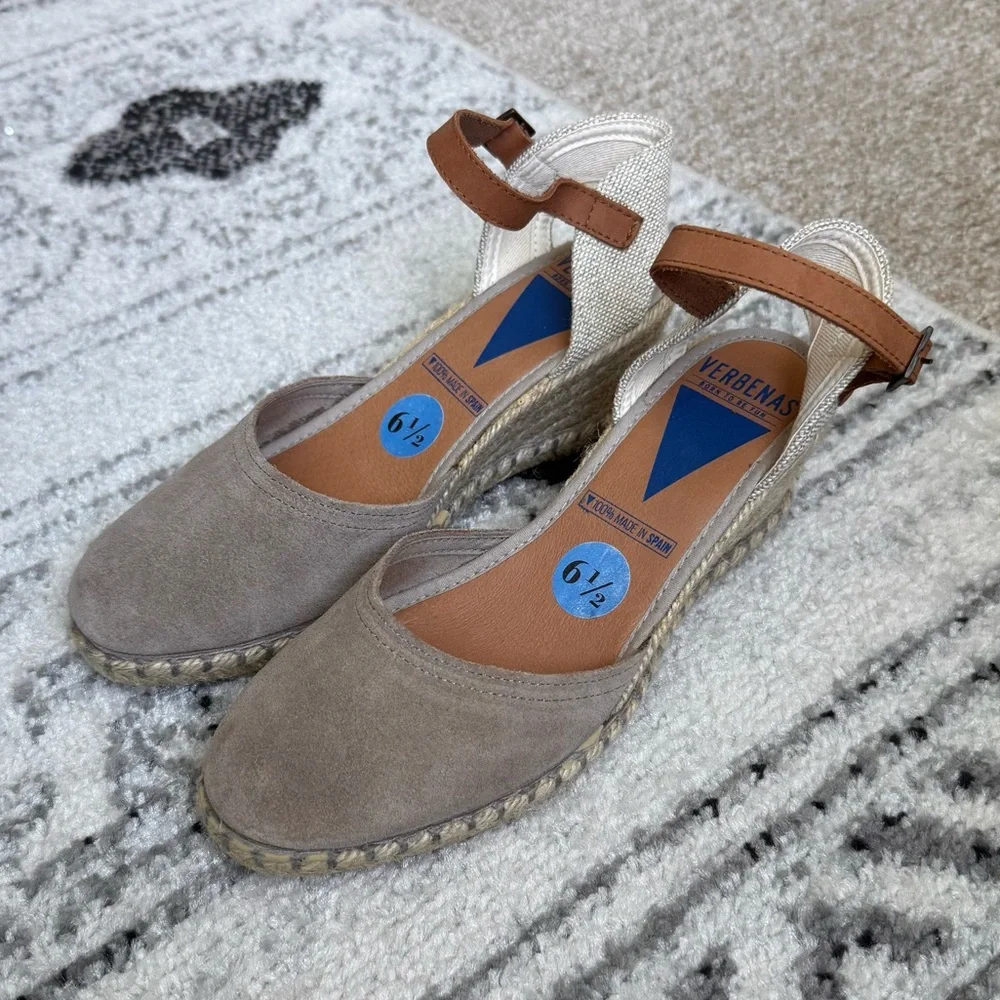 Verbenas Malena Taupe Suede Espadrille Wedges Size 6.5